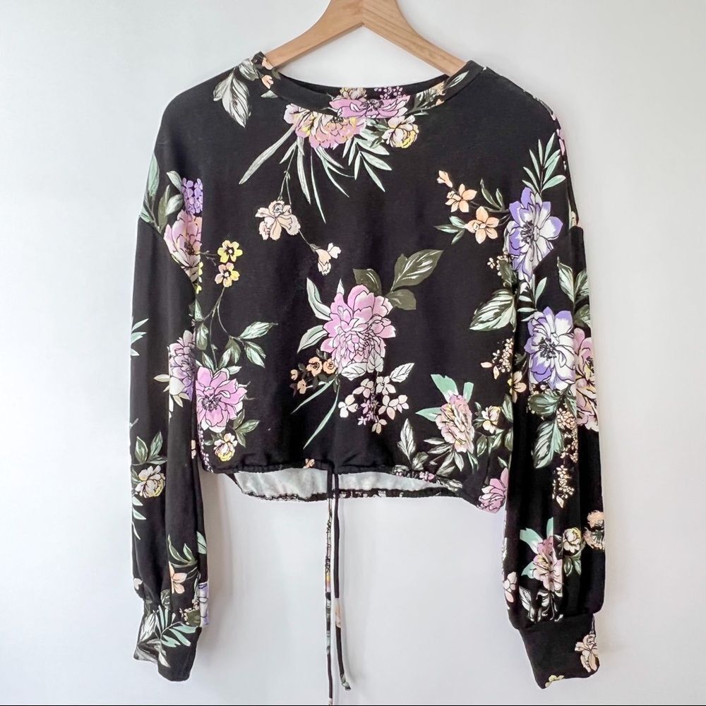 Love Fire Floral Crop Drawstring Cozy Sweatshirt Pullover Top S